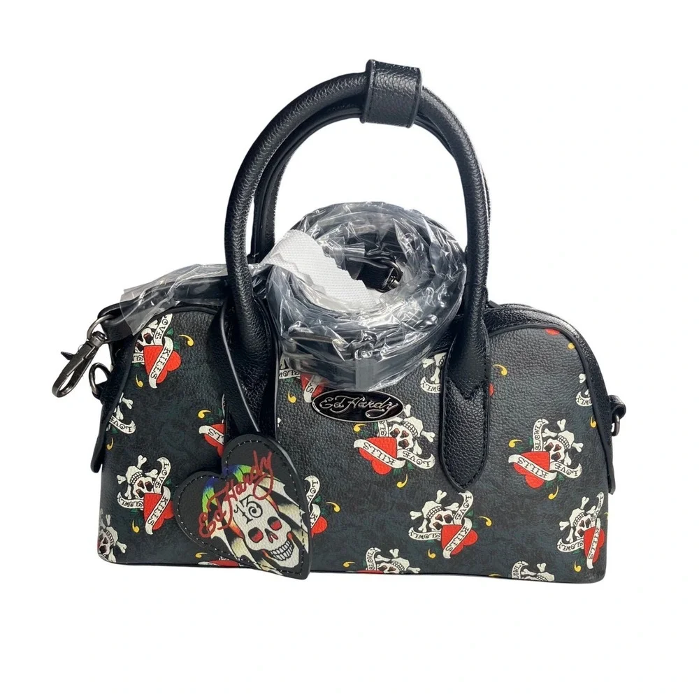 Ed Hardy Skull Heart Tattoo Print‎ Satchel Crossbody Bag Black